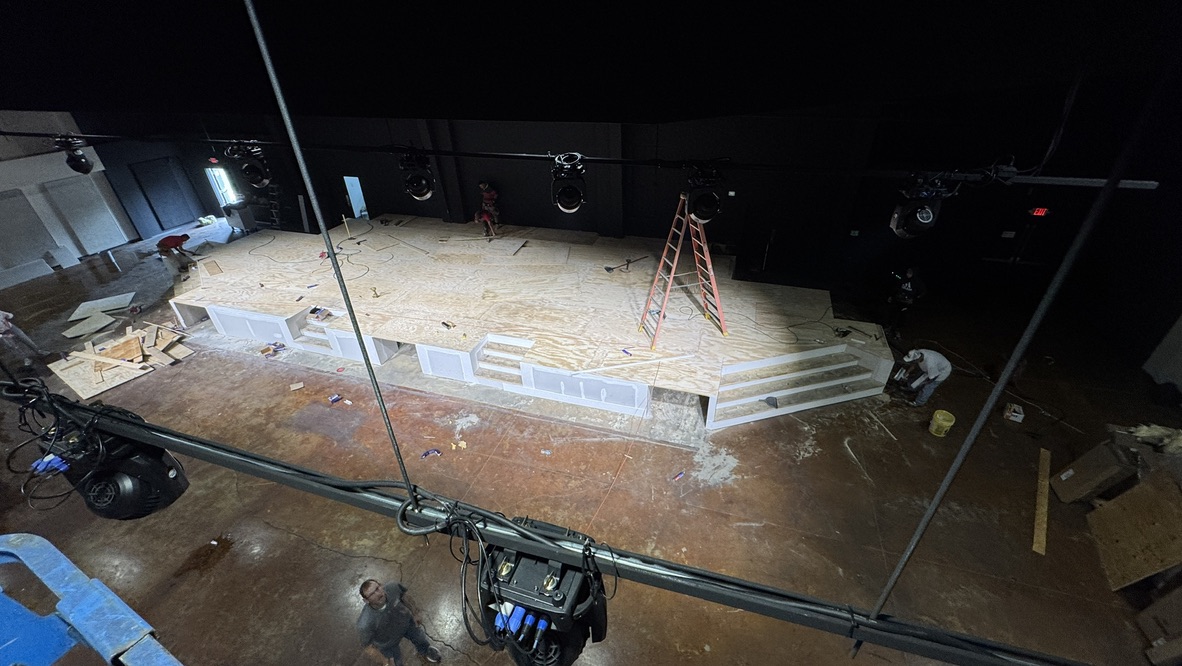 The new stage built out in plywood