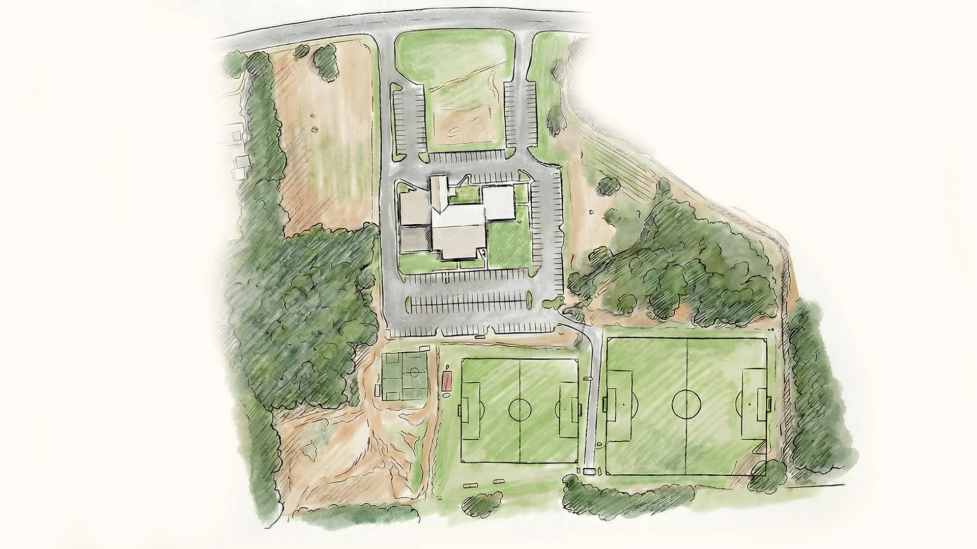 Sketch of the church property from above, with the building, parking, fields and woods