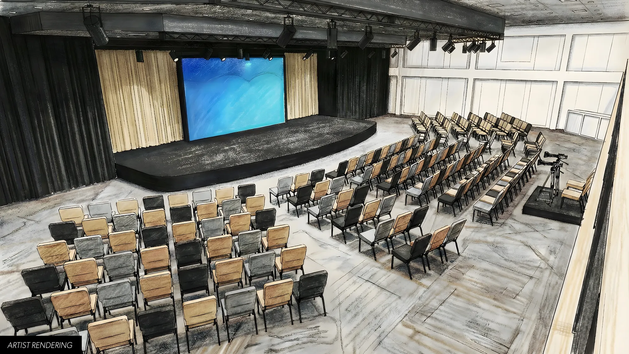 Artist rendering of the finished auditorium with new carpet and chairs