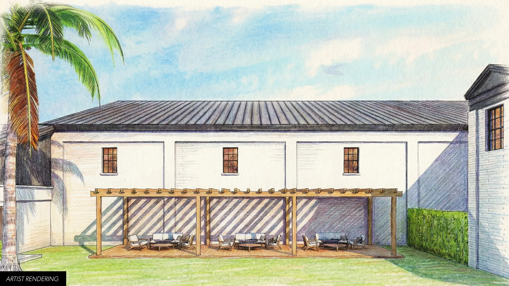 Artist rendering of the courtyard with a pergola and patio seating