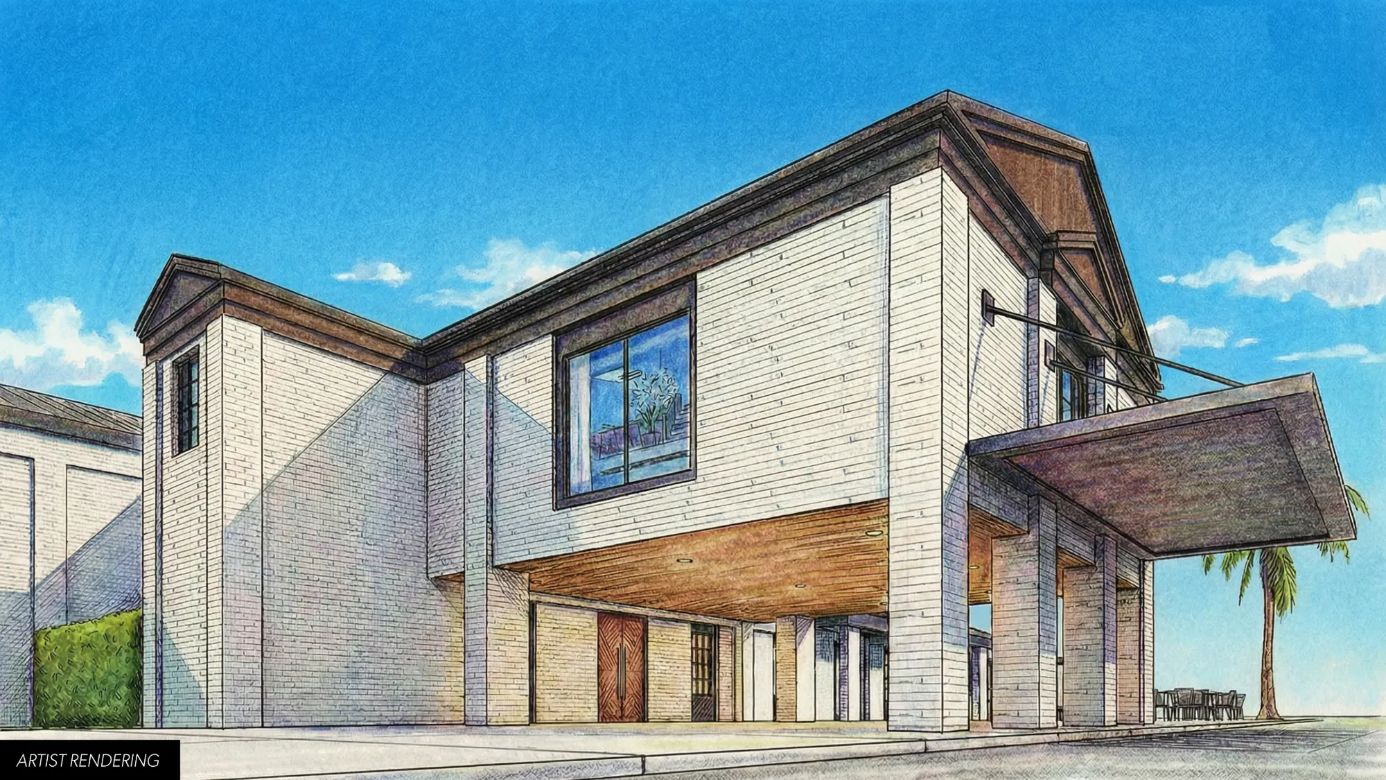 Artist rendering of the new front entrance with a covered drop-off