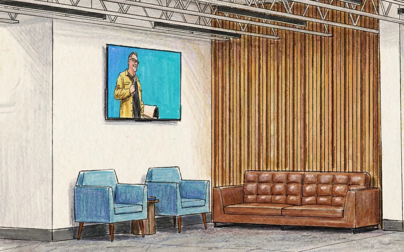 Artist rendering of the foyer with new seating, a wood slat wall and a TV