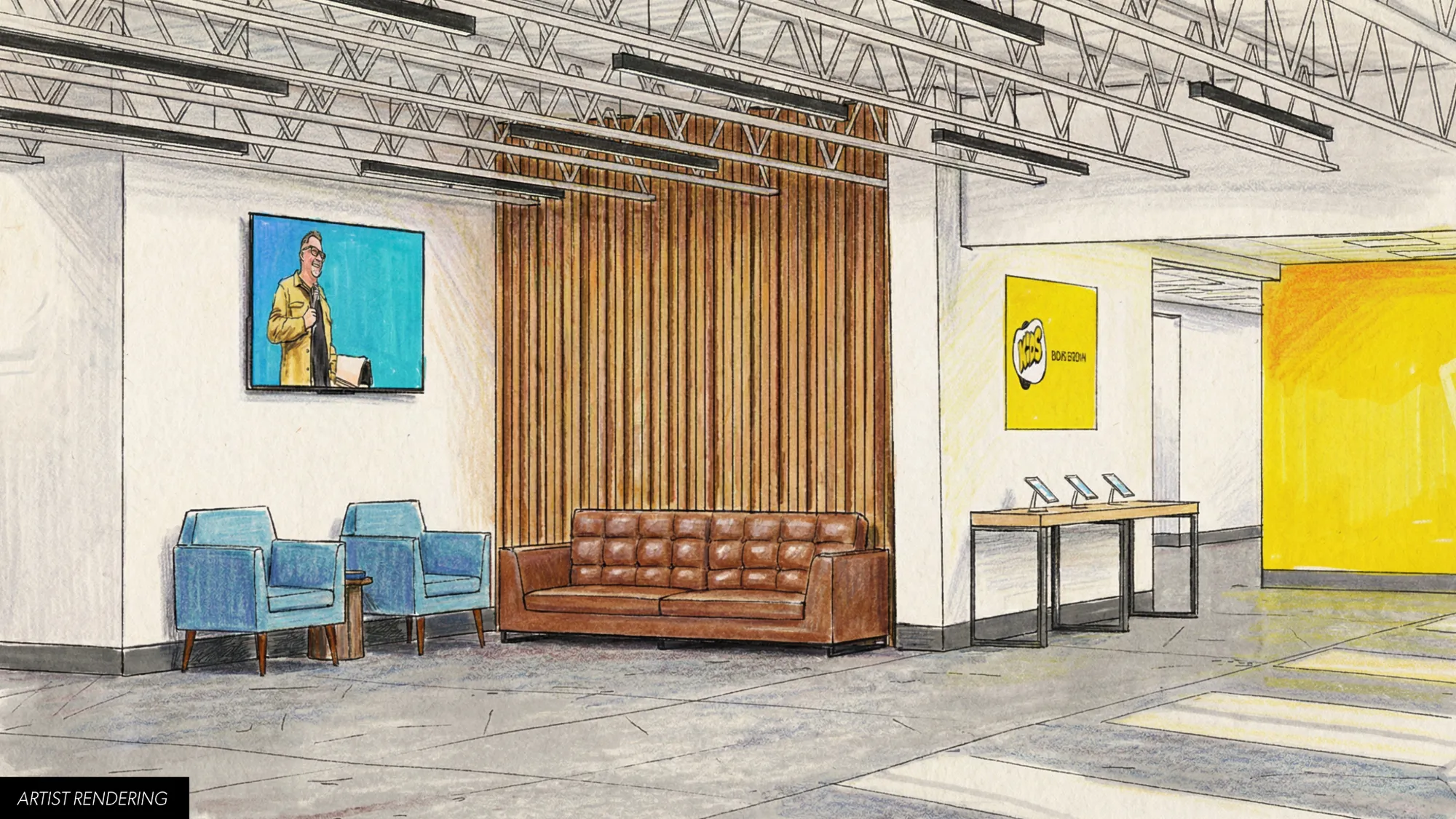 Artist rendering of the new foyer with seating and kids check-in