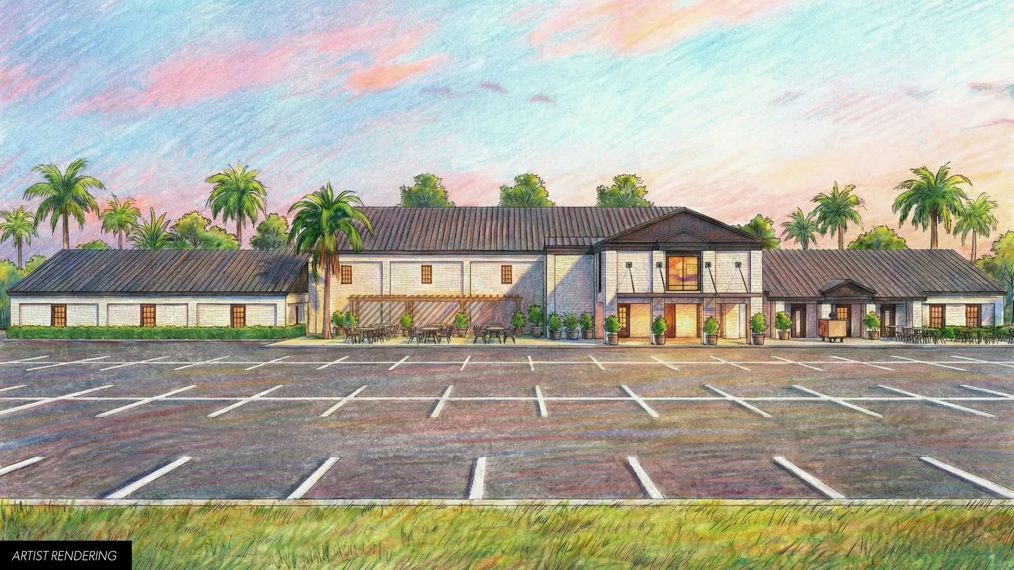 Artist rendering of the front of the church with palm trees, a patio and new parking