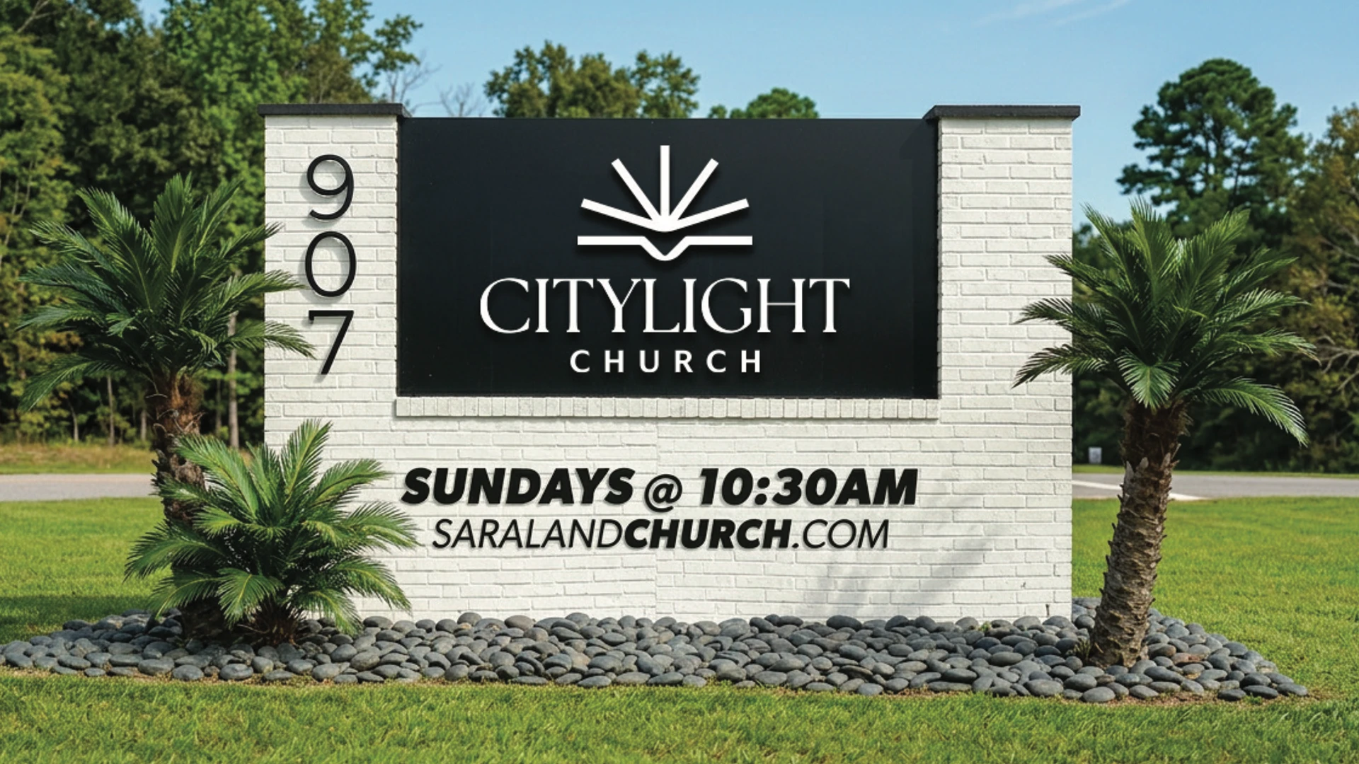 Mock-up of the new brick Citylight Church sign with palm trees